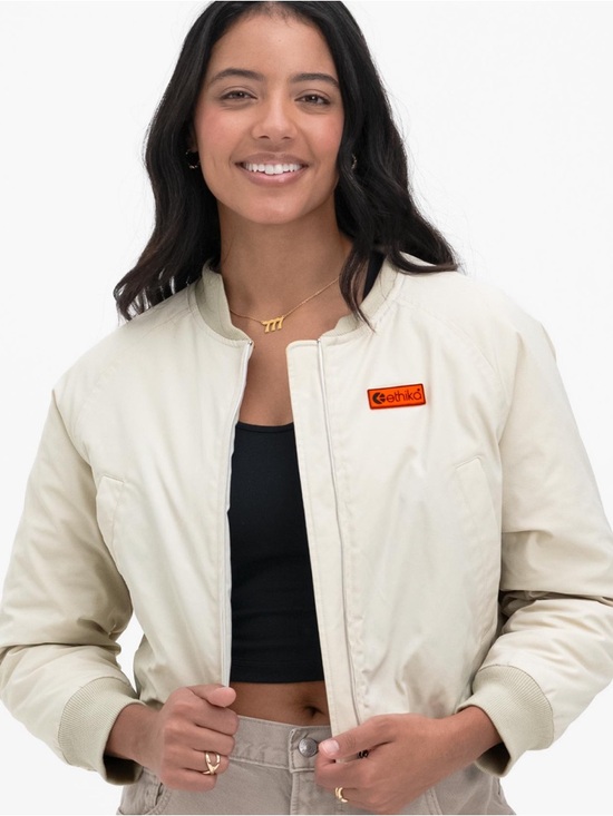 ethika Jackets & Blazers - ethika Cream Cropped Bomber Jacket with Orange Logo Patch